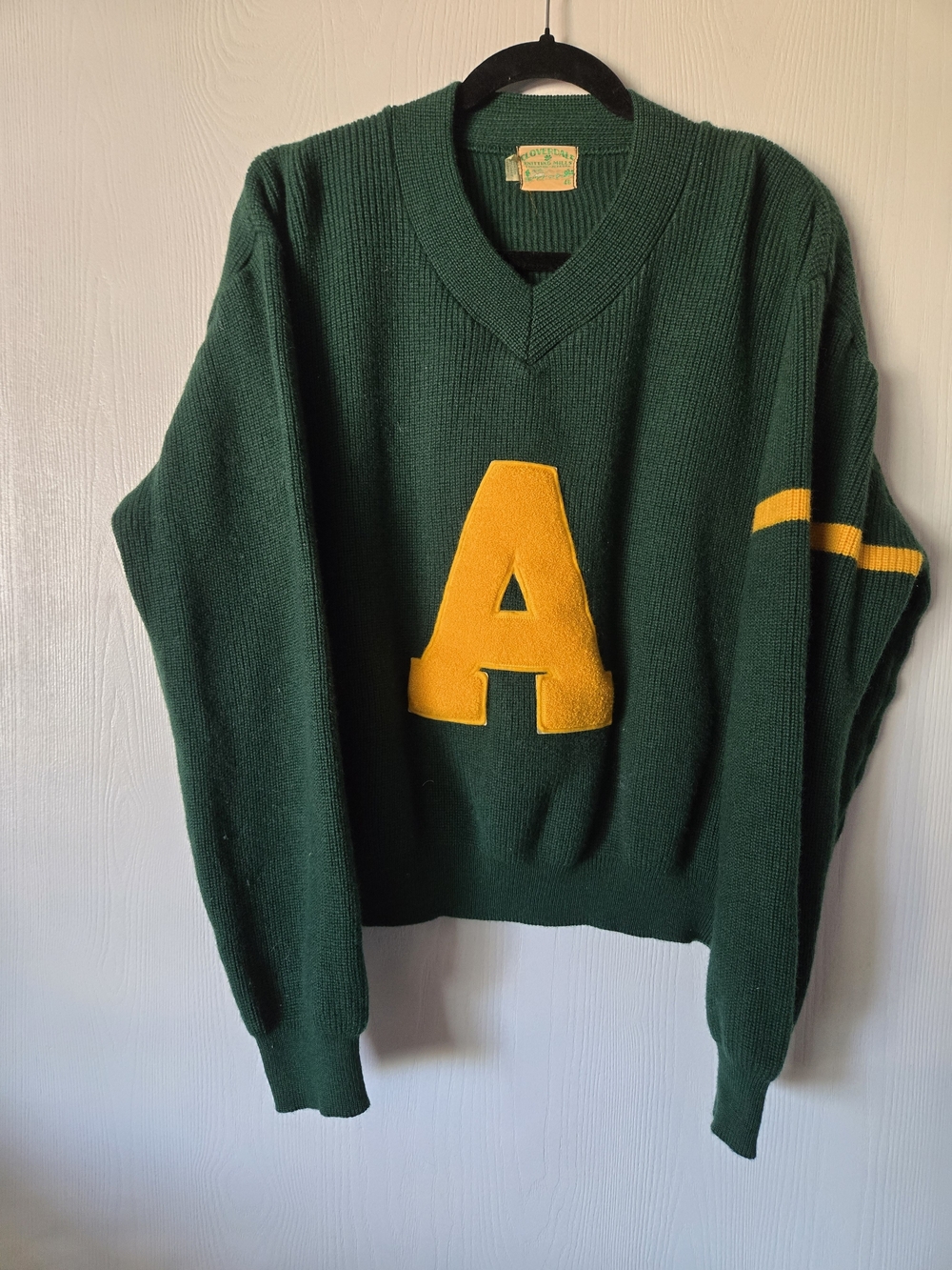 Vintage Green Letterman Sweater with Yellow 'A' Patch - Classic Unisex Pullover